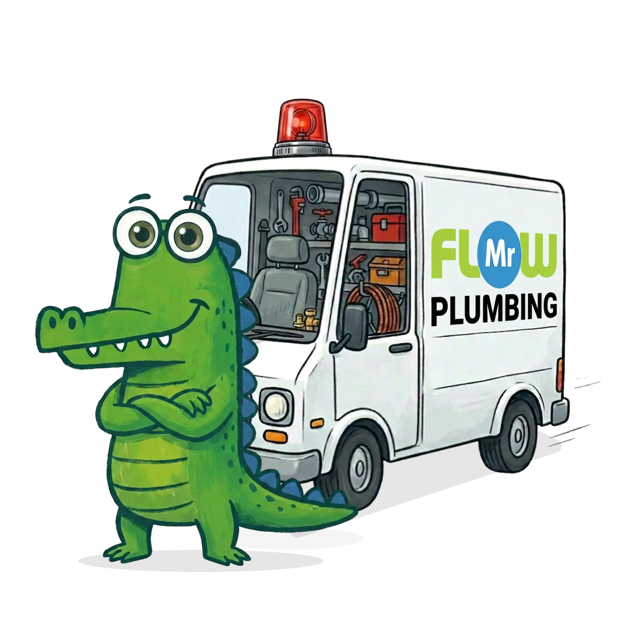 Mr Flow crocodile mascot with the plumbing van