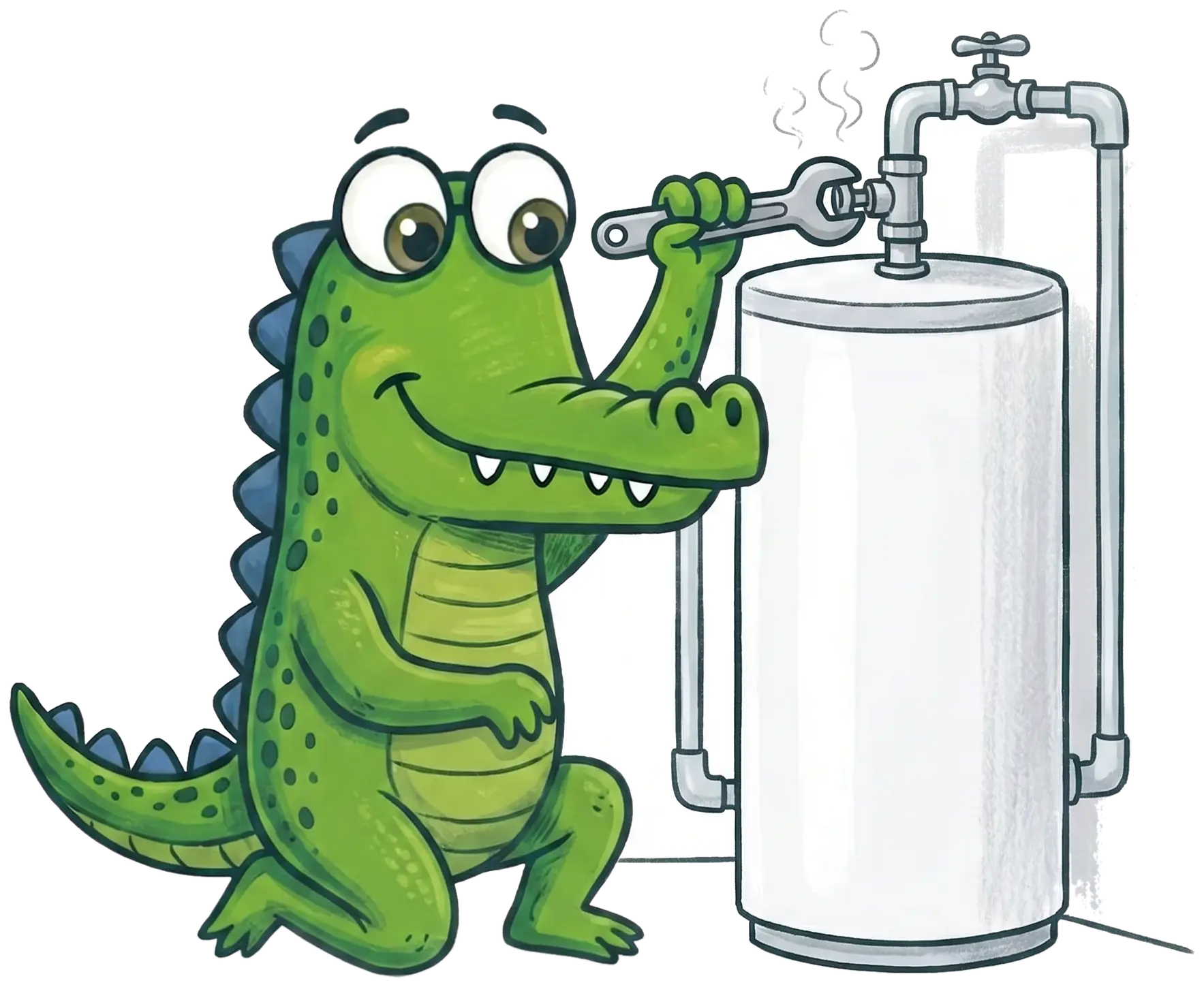 Mr Flow crocodile mascot, hot water repairs