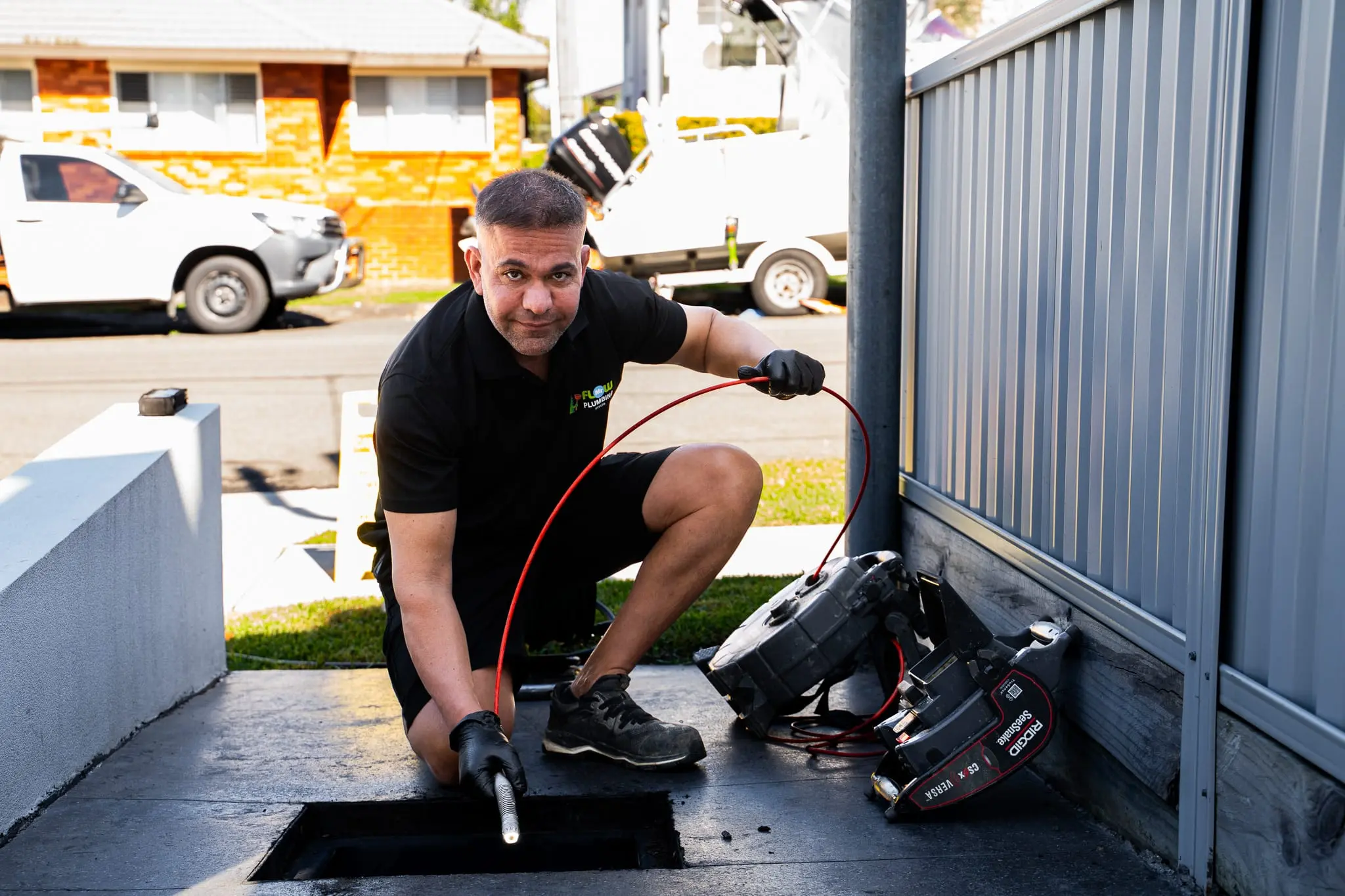Mr Flow plumber running a CCTV camera inspection on a blocked drain
