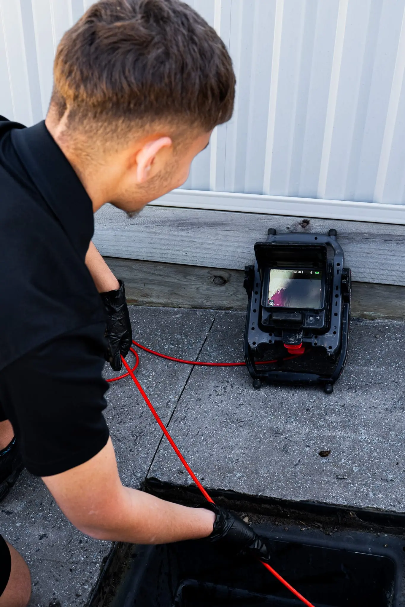 Plumber guiding a drain camera cable into a pit with the monitor beside him